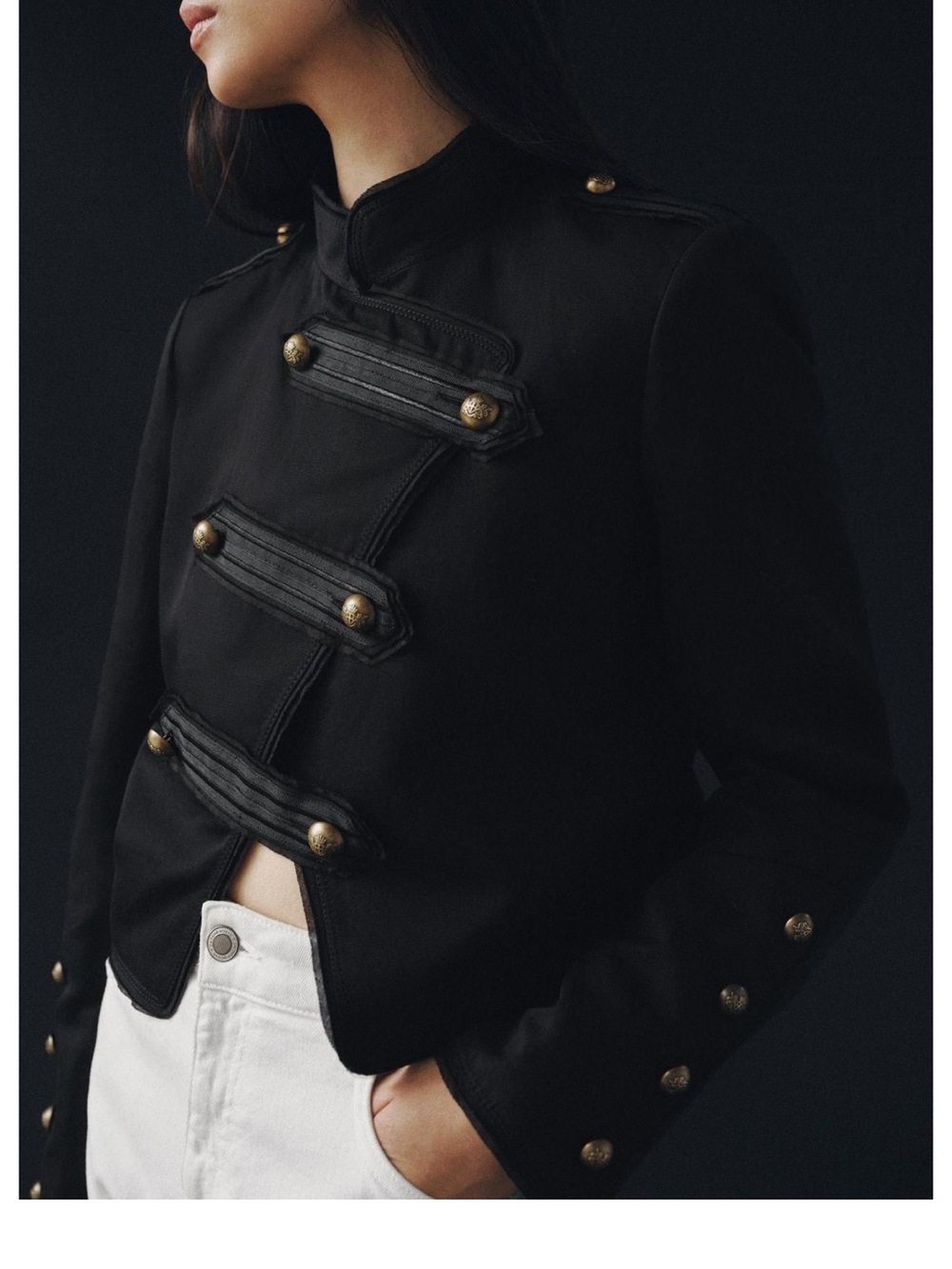 Zara NWT ZW COLLECTION cotton linen blend Black Military blazer gold Buttons - Picture 12 of 14